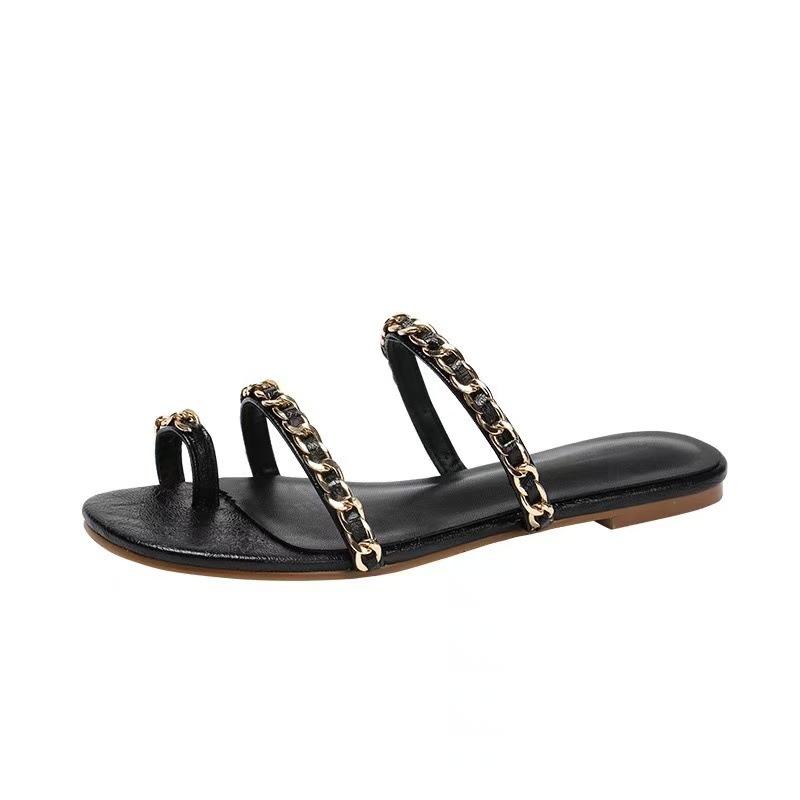 New round head fashion versatile set, toe strap chain, low-heeled flat-bottomed slippers