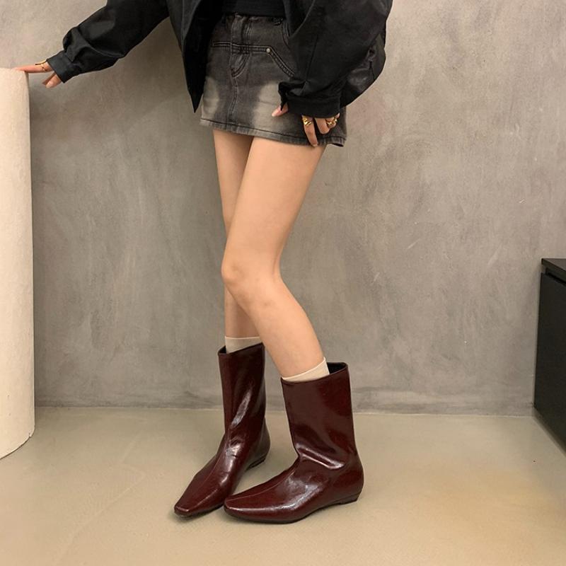 Designer Square Toe Women Slimming Knight Boots Elegant Female Slip On Wedges Low Heel Mid Calf Booties Zapatos De Mujer