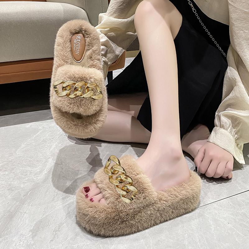 Height heel thick bottom fluffy slippers women wear autumn and winter cotton drag chain Internet celebrity popular plush slippers spring and summer