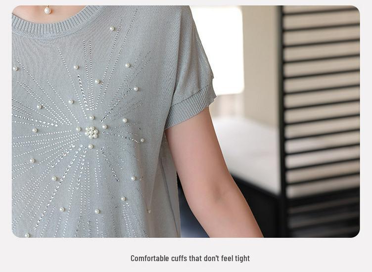 Stylish Summer Ice Silk Short-Sleeve Top for Mom - Knitted Cardigan T-shirt for Middle-Aged & Elderly Women, 2026 Collection