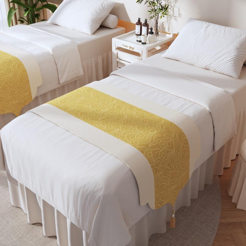 Beauty Salon Chinese Bed Flag Dust Proof Bed Cover Massage Foot Massage Bed End Towel Zen Inspired Decorative Long Bed Blanket Tassel Linen Fabric