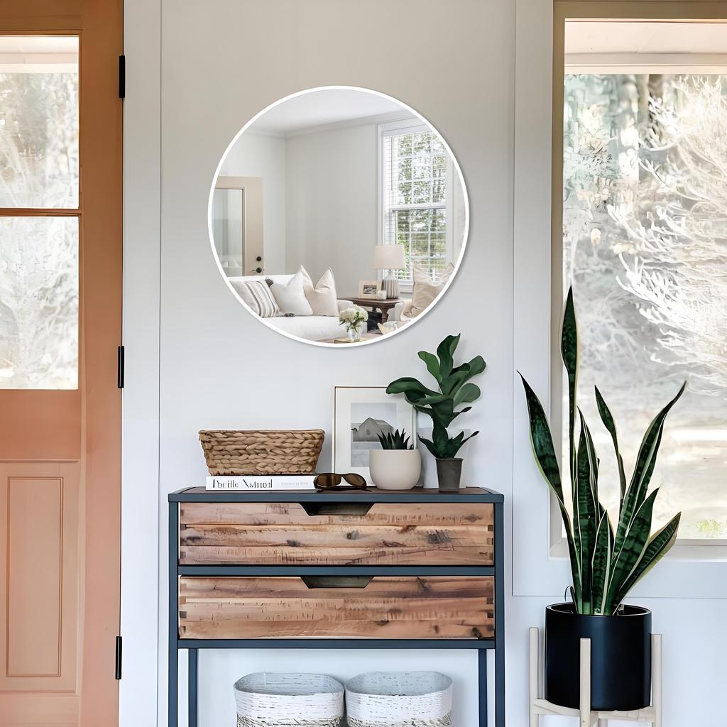 ANYHI 50cm white round mirror, wall-mounted mirror, bathroom mirror, round wall mirror, suitable for bathrooms, bedrooms, and entryways