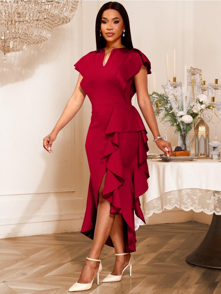Dames Luxe Gast Bruiloft Feestjurken Elegant V-Hals Korte Ruches Mouwen Irreguliere Split Bodycon Slank Classy Mode Avondjurken