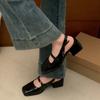 Fashion Elegant Bow Design Square Head Shallow Mouth Casual Sandals for Women 2025 Summer Back Strap Comfortable Coarse Heel Cool Pumps