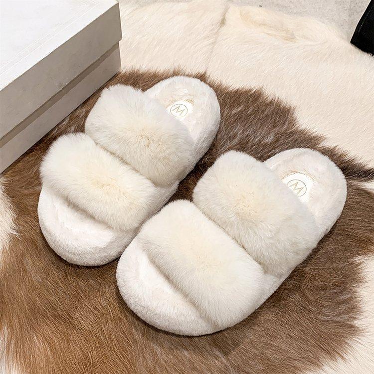 

Real rabbit hair thick bottom fluffy slippers women wear 2025 new autumn and winter Internet celebrity fluffy premium cotton slippers 40