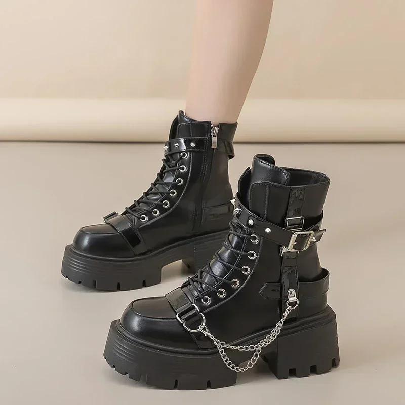 Fashion New Women's Biker Boots Patent Leather Breathable Zipper Lolita Platform Boots Autumn New Retro Gothics Botines Chelsea