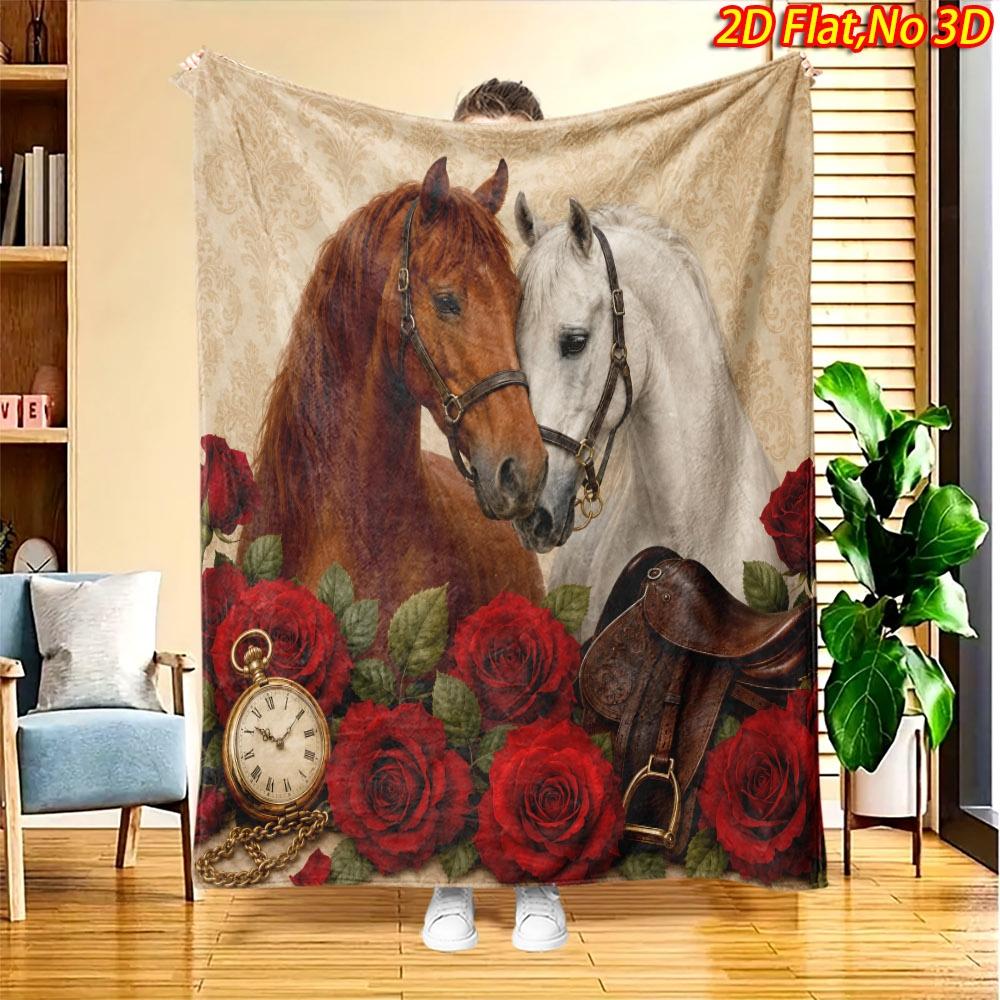 1pc 2D Flat Printing Spring & Summer New Arrival Digital Print Blanket with Two Horses, Red Roses, Pocket Watch, and Saddle Theme, Suitable for All Se