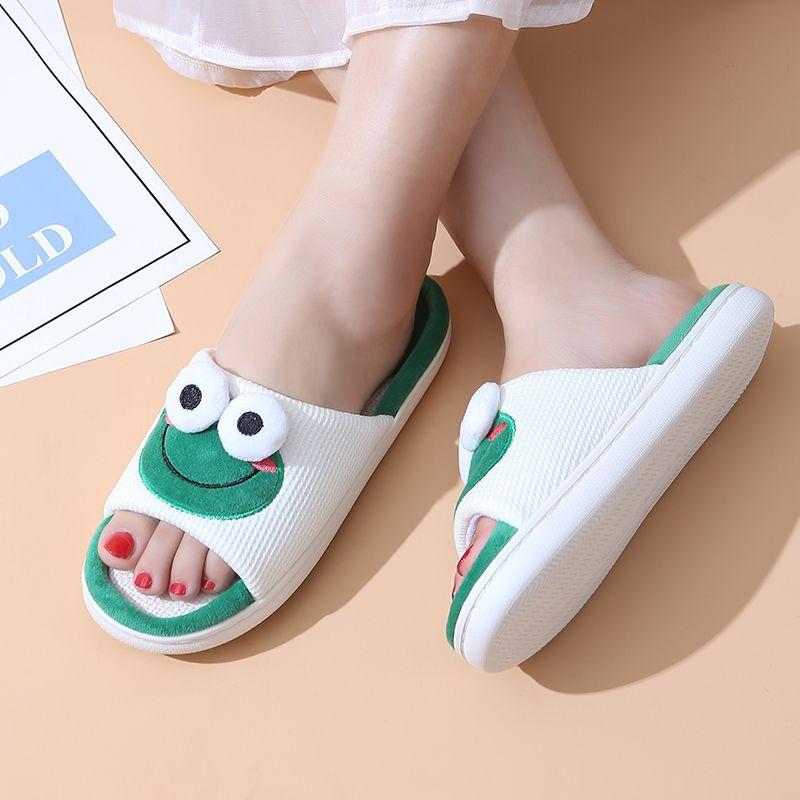 Søte dyr Lintøfler Kvinner Par Sklisikker Tykksåle Vår Sommer Bomull Lin Kule tøfler Hjemmetøfler