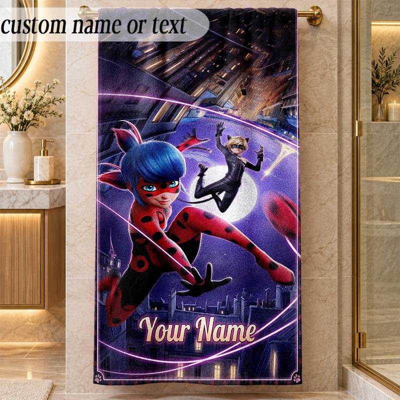 Beach TowelMiraculous Ladybug Custom Name Text Personalized Soft Towel for Beach Pool Indoor Home Decor Gift