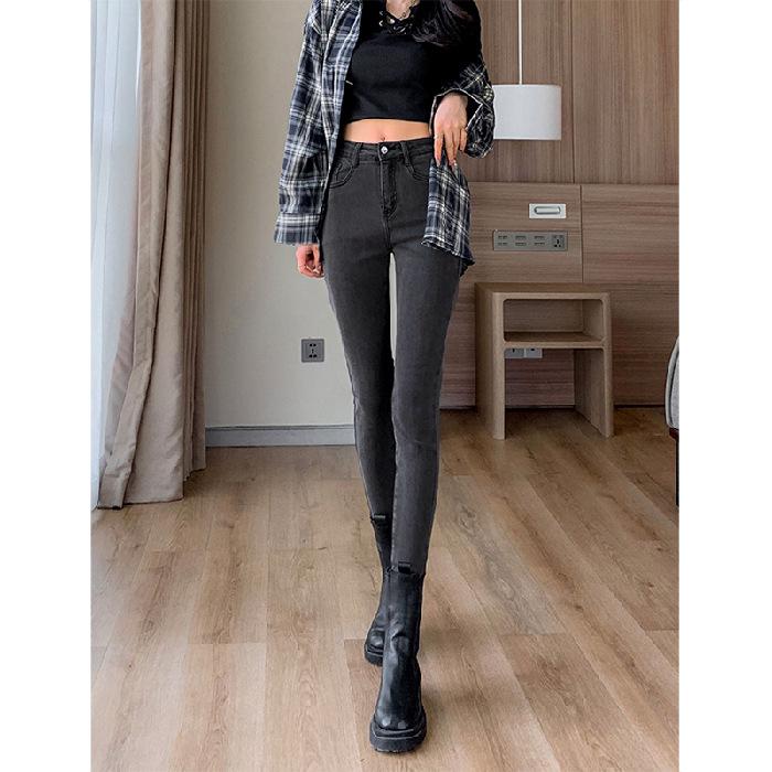 

879 High-Waisted Slimming Cropped Jeans – Trendy Spring/Autumn Style Size 32 чорний колір сірий