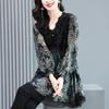 V-neck Lace Chiffon Shirts Women's Spring Autumn  Fashion Temperament Velvet Splice T-shirts Loose Size Retro Print Top