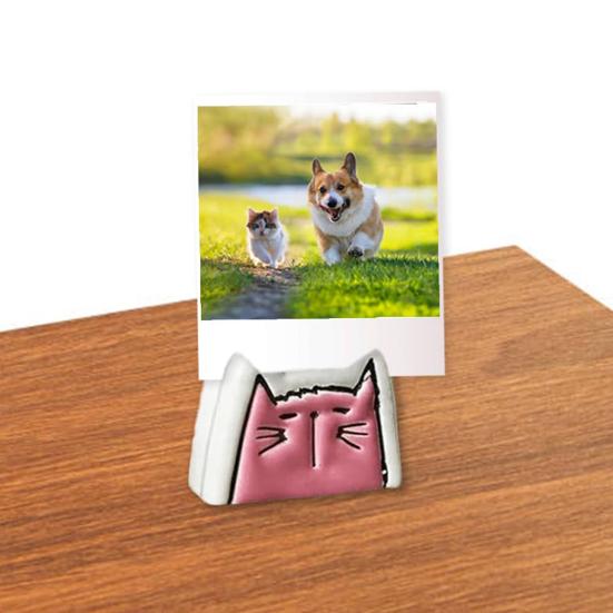 4Pcs Handmade Ceramic Cat Photo Holder Cat Shape Picture Display Holder Home Office Desktop Decoration Cat Lovers Gift