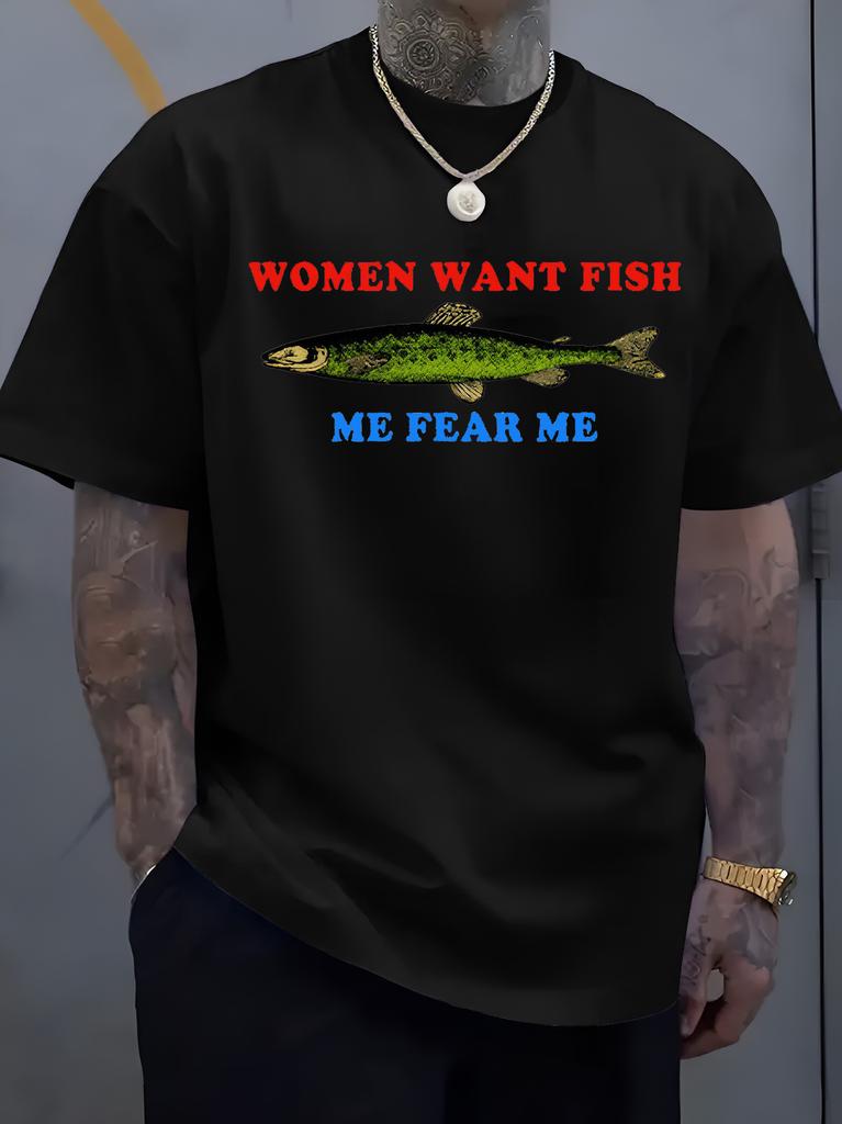 Unisex O Neck Tee Funny Text And Vintage Fish Graphic Print Cotton Short Sleeve Loose Summer Breathable Daily Casual Basic Wear Top