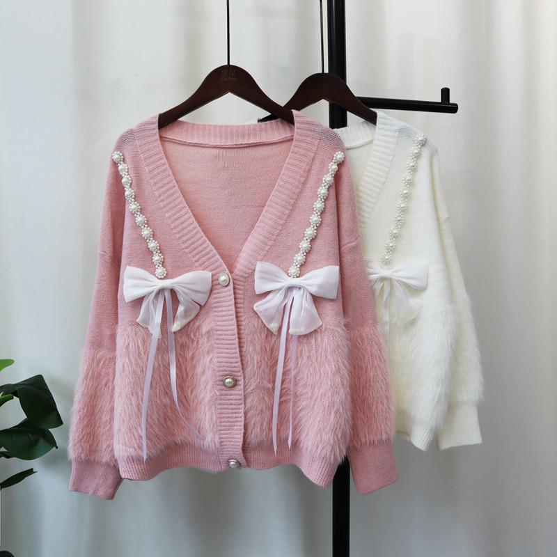 Autumn and winter new loose splicing imitation mink velvet knitted cardigan sweet bow soft waxy sweater jacket women