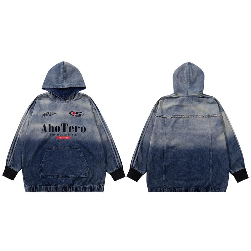 Unisex Oversized Denim Hoodie With Gradient Washed Embroidered Letters Loose Fit Streetwear Sweatshirt Fall