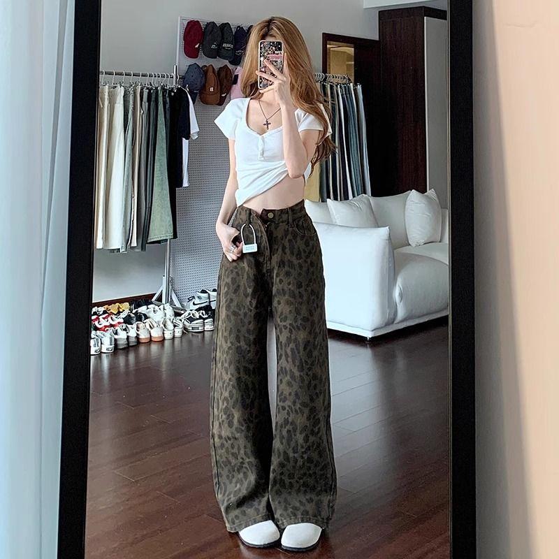 

American Style Unique Stylish Wide Leg Leopard Print Denim Female Popular This Year Loose High Waist Straight-leg Mop Pants Leopard print pants recommend height 155-165cm XL