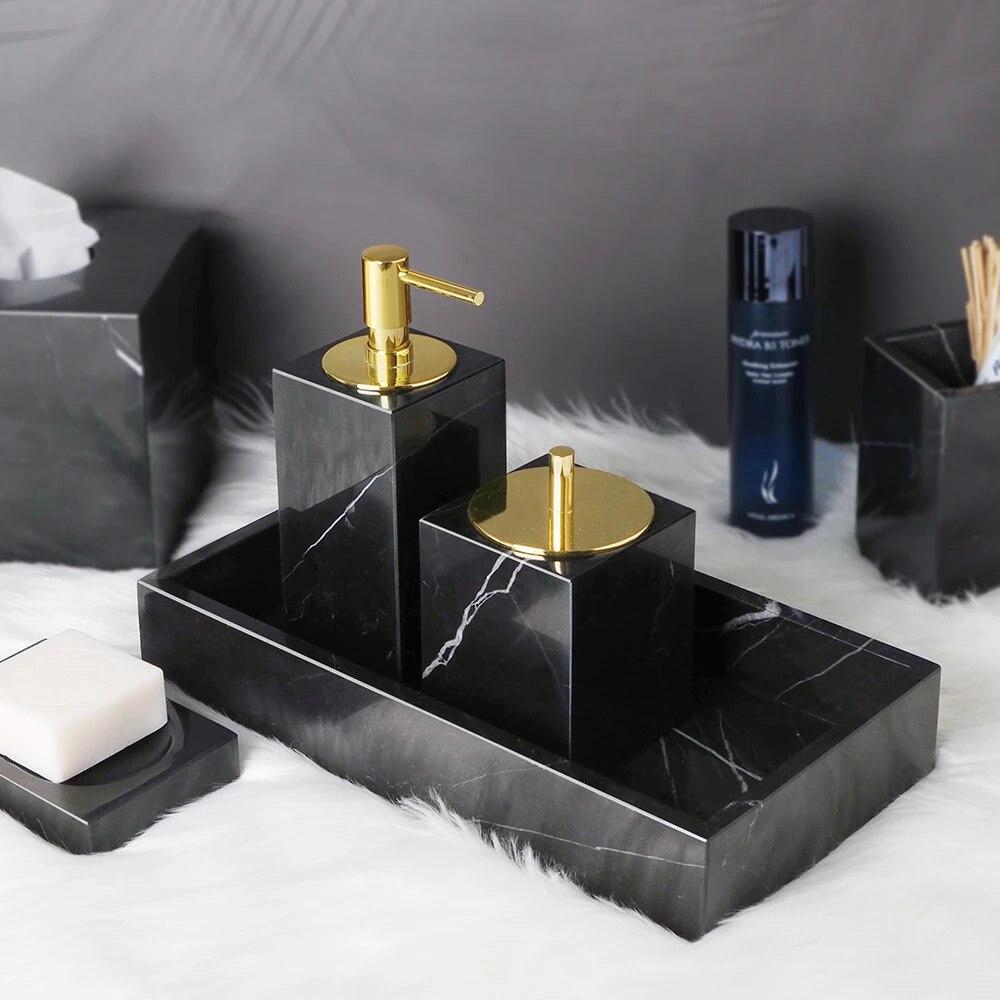 

Черный мраморный набор Nero Marquina для ванной комнаты, роскошный дозатор мыла, мыльница, бутылка для ароматерапии, ваза, коробка для салфеток, аксессуары для ванной комнаты