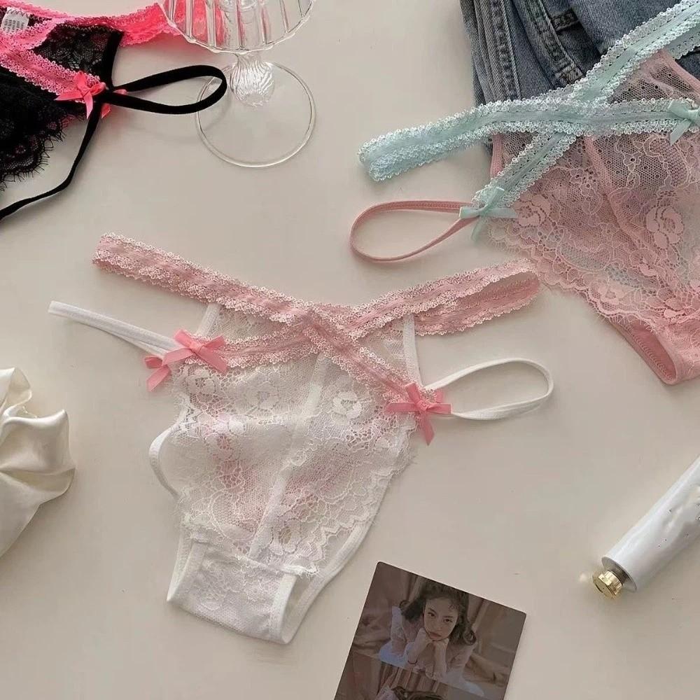 Transparent Lace Flower Panties Bow Women Underwear Sweet French Style Briefs Gifts