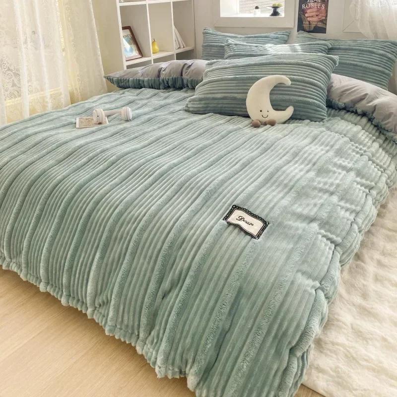 4PCS/set Thick Solid Color Velvet Duvet Cover Winter Warmth Bedding Set Double Quilt Cover Twin Queen King Comforter Cover