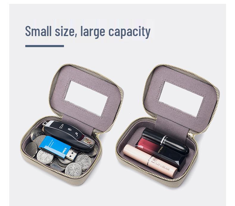 Genuine Leather Lipstick Bag with Mirror - Mini Makeup Pouch, Coin Purse, & Earphone Holder for Women.