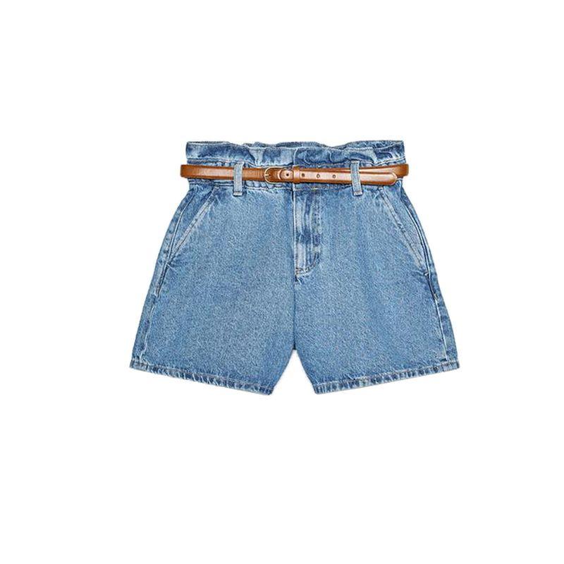 

Summer New Arrival Women s Clothing Contrast Color Belt Slim Looking High Waist Paper Bag Denim Casual Shorts 8228028 Medium Blue L
