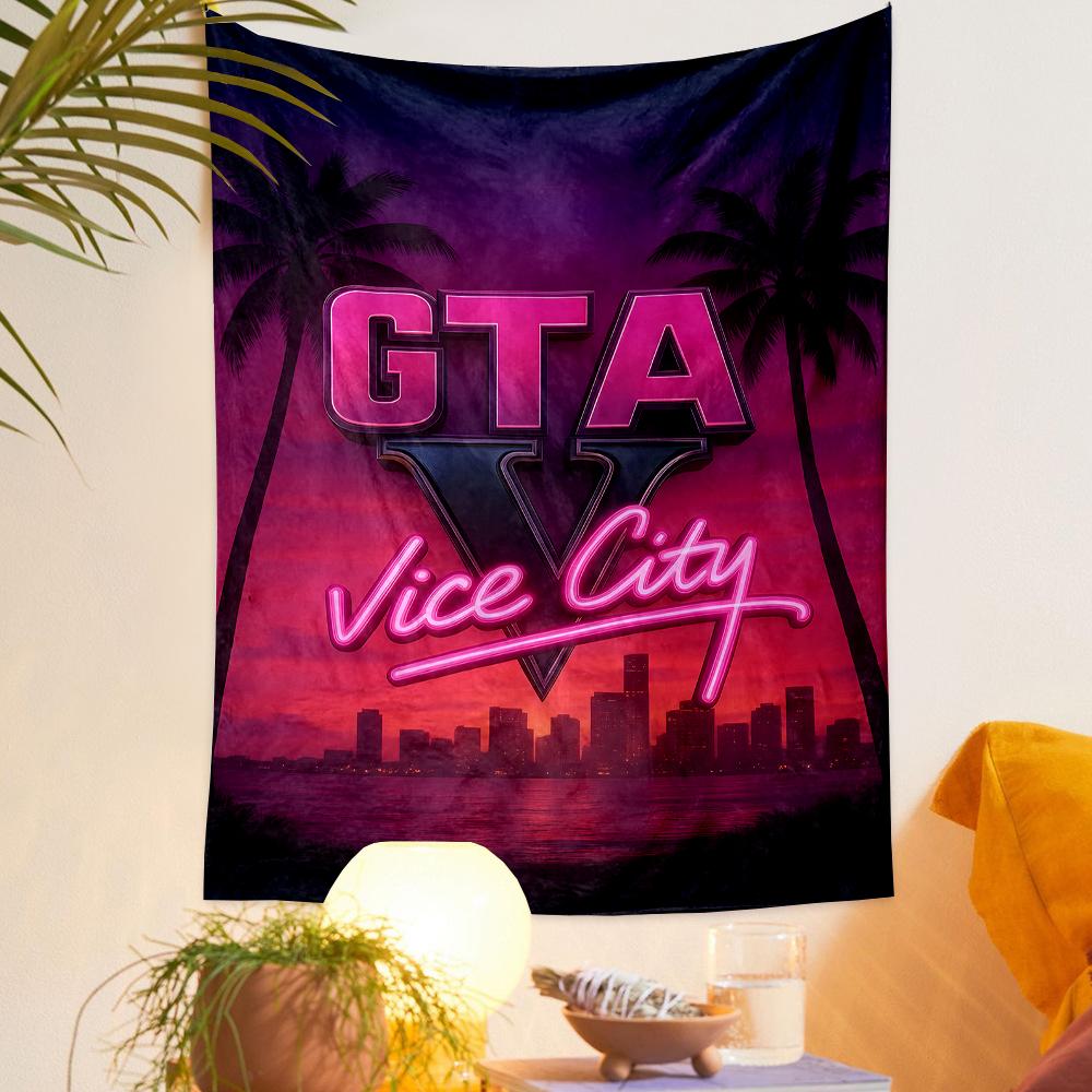 GTA Vice City Neon Logo Retro Game for Gamers Bedroom Man Cave Decor Art Tapestry for Dorm Room Wall Hanging