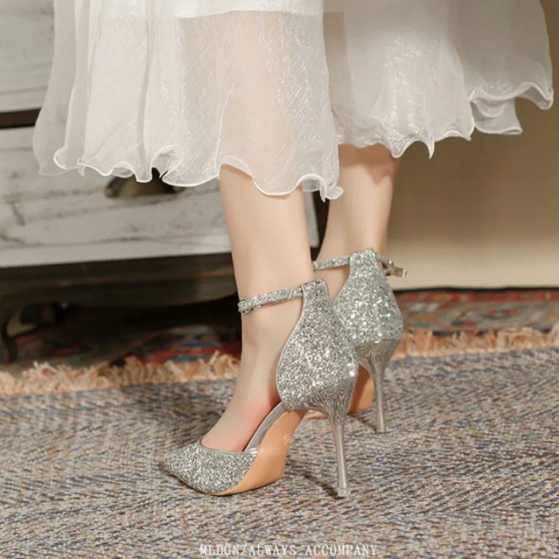 Fashion Exquisite Women's High Heels Summer Party Banquet Shoes French Designer Sheos Pointed End Elegant Sequin High Heels Women Shoes