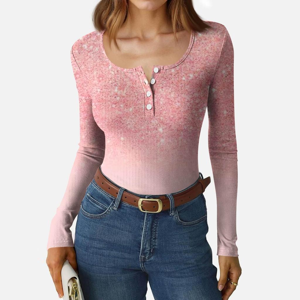 Women's Slim Bottom T-shirt Fashion Casual Gradient Printing Round Neck Pullover Long Sleeve Top