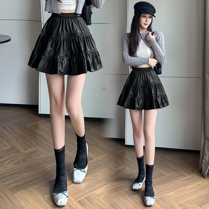 High-Waisted Leather Ruffle A-Line Mini Skirt - Autumn/Winter 2025 Korean Fashion Medium чёрный