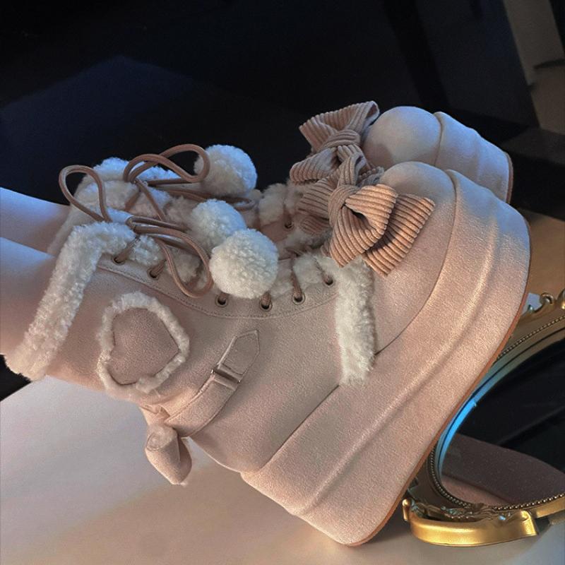 Słodkie Zimowe Dziewczęce Buty Śniegowe Lolita do Połowy Łydki, Urocze Damskie Studenckie Pluszowe Ciepłe Sznurowane Kokardy Koturny Podwyższające Buty