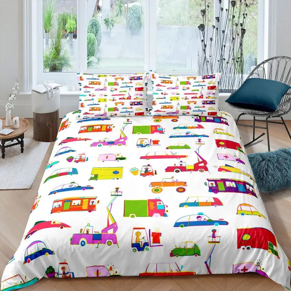 Comforter Ambulance Car King Queen White Cartoon Medical Car Bedding Set For Kid Hospital Rescue Vehicle Polyester
