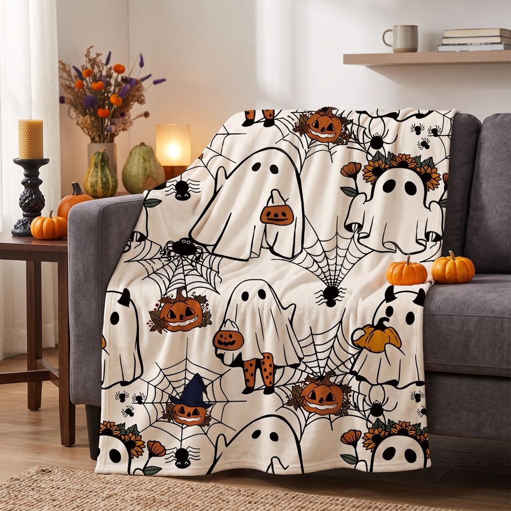 Halloween Flannel Throw Blanket with Pumpkin Pattern for Couch Sofa Bed Nap Cozy Cover