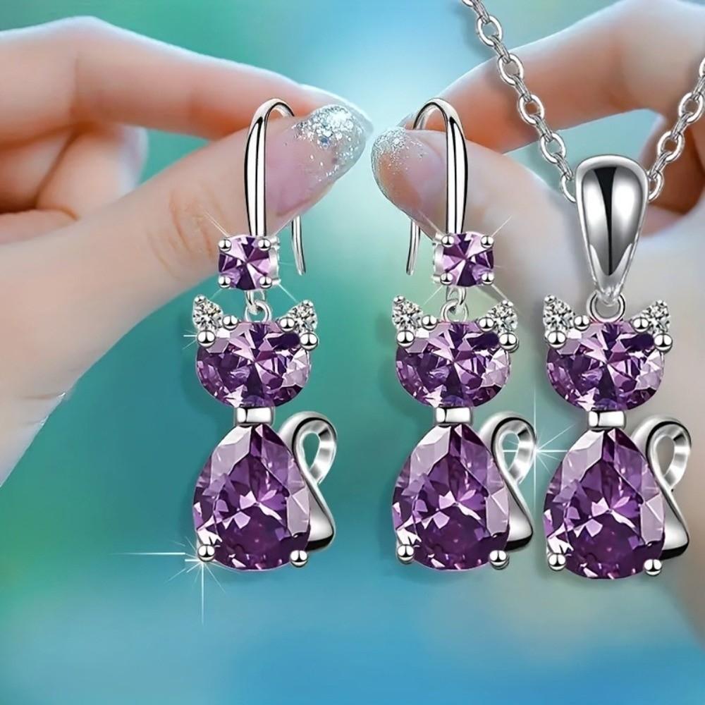 Shining Elegant Jewelry Sets Trendy Cute Cat Jewelry Beautiful Crystal Pendant Necklace  Gift фиолетовый
