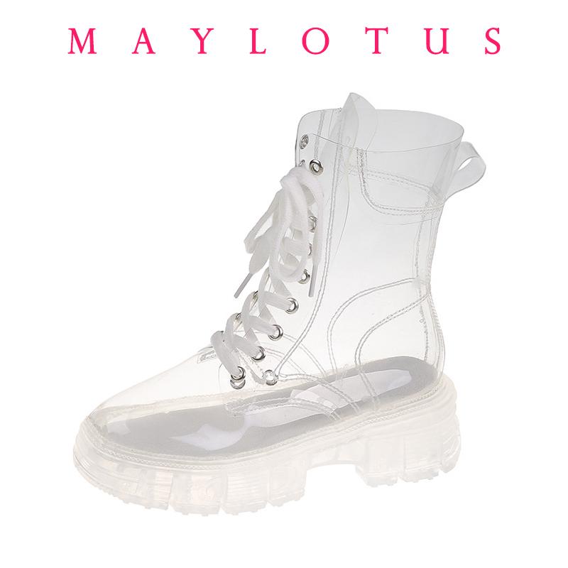 Botas de Plataforma Transparentes de Moda de Calidad para Mujer Botas Impermeables de Media Pantorrilla Botín Femenino de Tacón Transparente Botas de Lluvia Sexy para Mujer