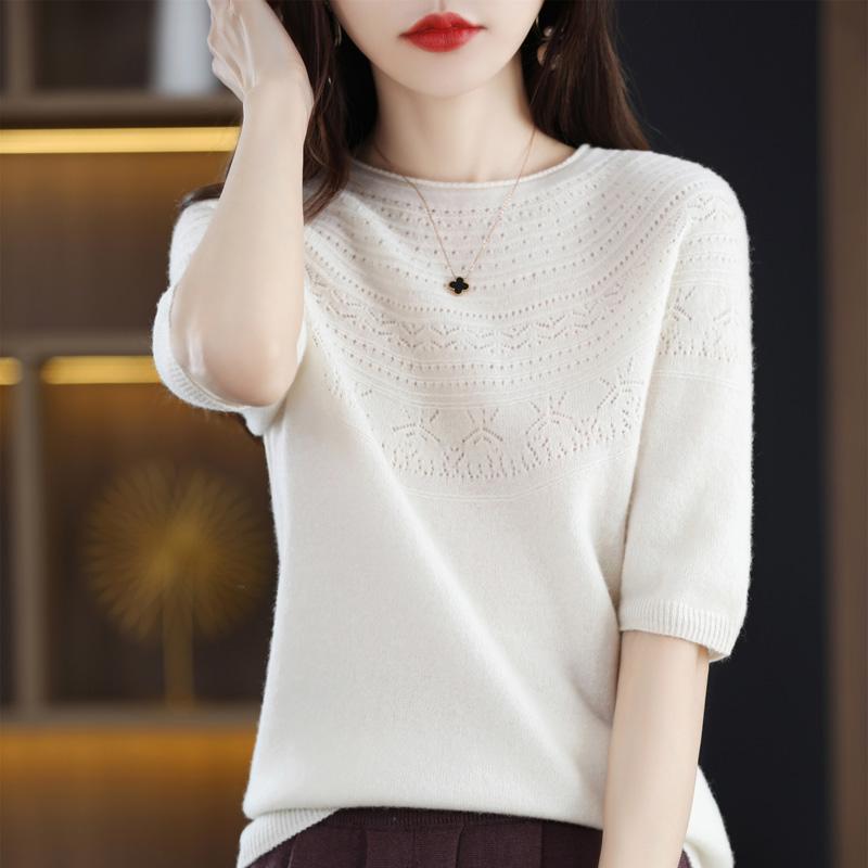 Women Knit T-shirt 100% Wool MODERN NEW SAGA Summer Knitted Shirt Short Sleeve Tees O-neck Pullover Knit Tops