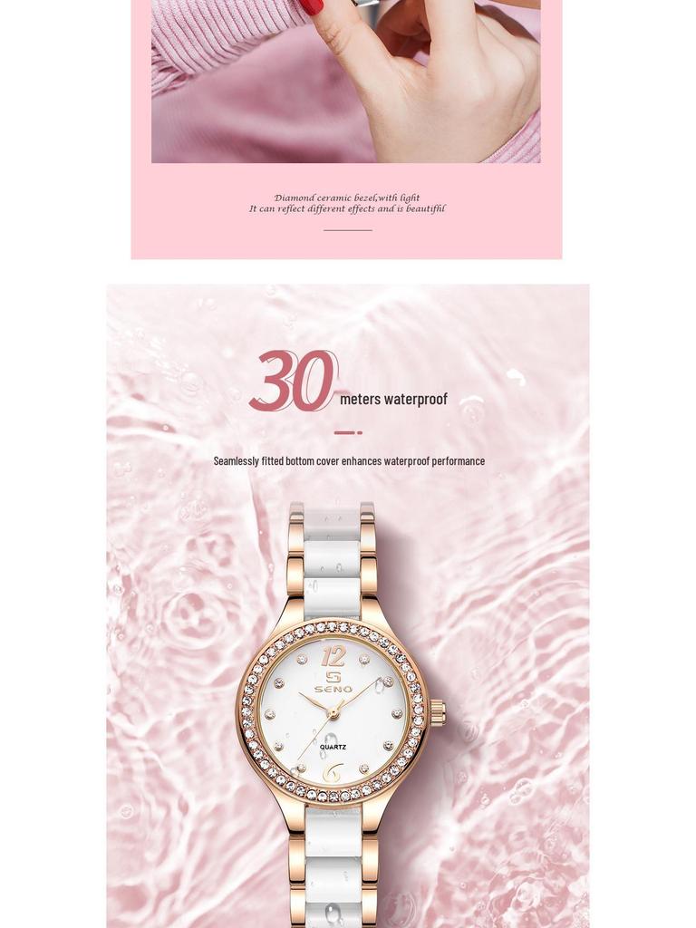 Chenno Keramik Damen Quarzuhr mit Diamanten - Modisch, Wasserdicht