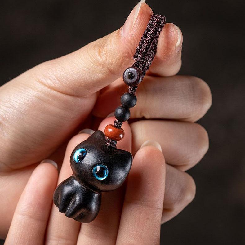Purple Ebony Cute Wealth Attracting Cat Car Keychain Pendant Antique Style Pendant Mobile Phone Handmade High-end Hanging Accessory