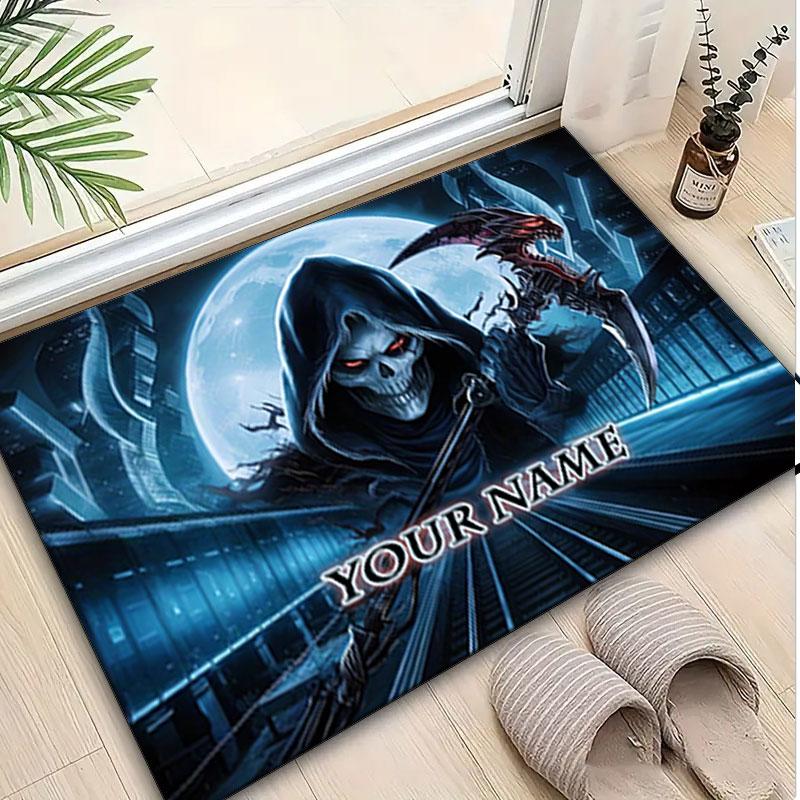 1PC Custom Name Grim Reaper's Midnight Ride Theme Floor Mat Ideal for Living Room, Game Rooms, Office, Bedroom,Floor Mat Playful Design