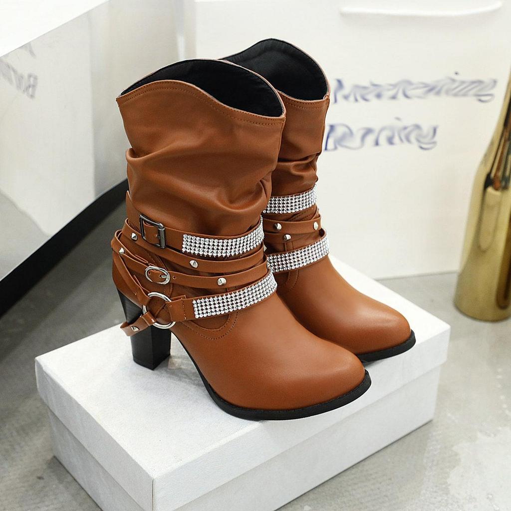 J/Winter New High Heel Thick Heel Round Toe Short Boots European and American Feng Shui Diamond Belt Decorative Women's Boots