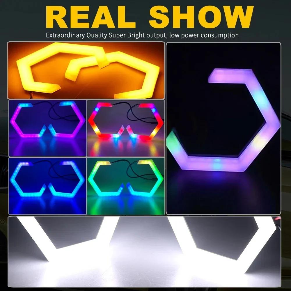 1Set 12V 24V RGB Hexagon Angel Eyes Halo Rings Retrofit Headlight Car Motorcycle Switchback White DRL+Amber Turn Signal Light