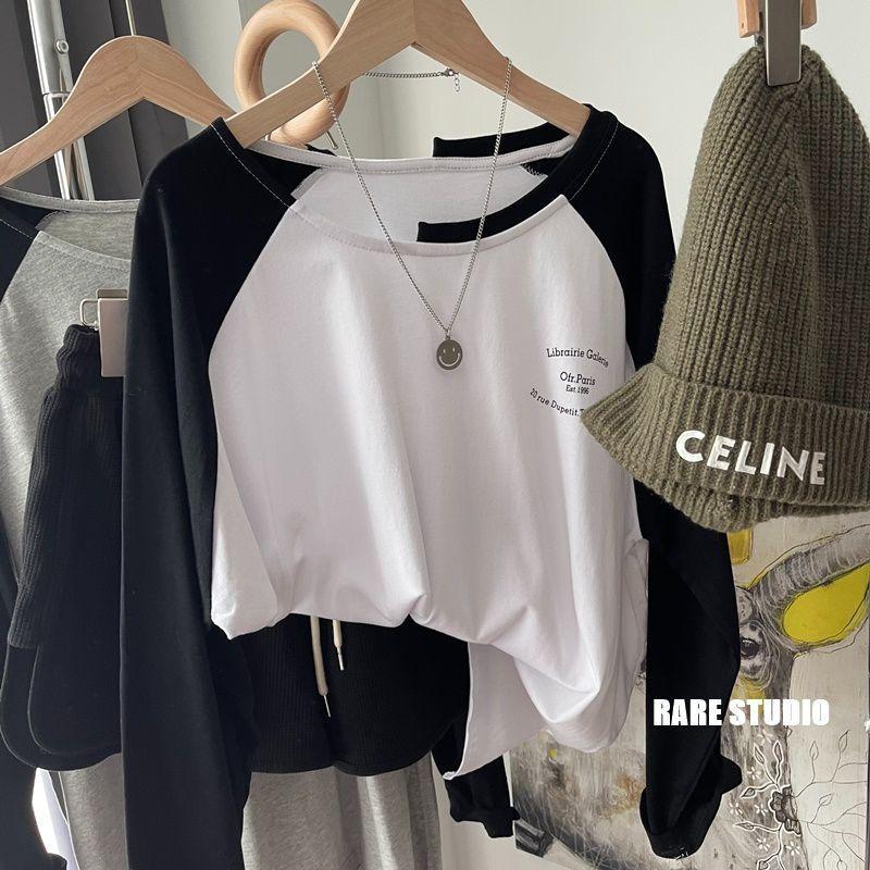 Pure Cotton Raglan Sleeve Long-sleeved T-shirt Women's Spring Autumn Loose Slimming Blouse Top