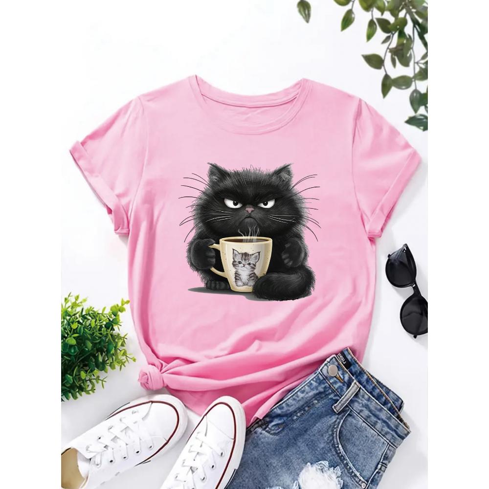 Cute Coffee Drinking Cat Women's T-shirt Summer Fashion Short-sleeved Casual Women's Clothing