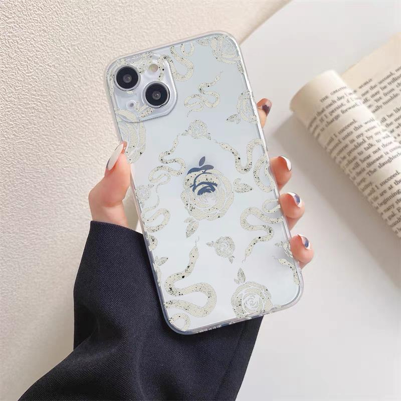 Luxurious Black White Flower Snake Clear Phone Case for IPhone X XR XS 14 13 12 11 Pro Max Mini 7 8Plus Unique Dragon Back Cover