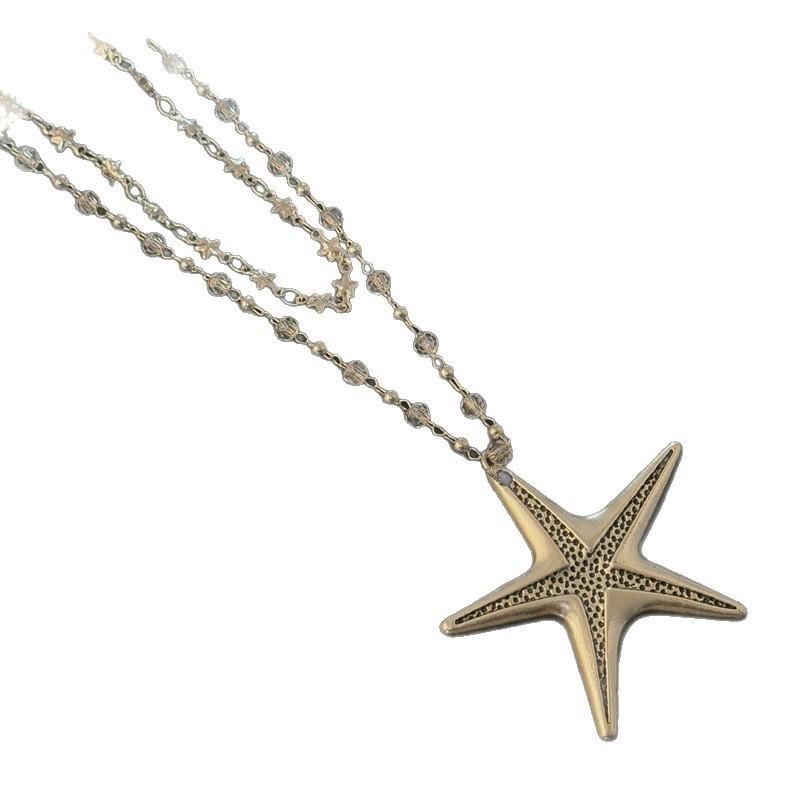 Double-layer stacked starfish beaded necklace women's high-end niche long sweater chain light luxury Spice Girl style neck chain accessories