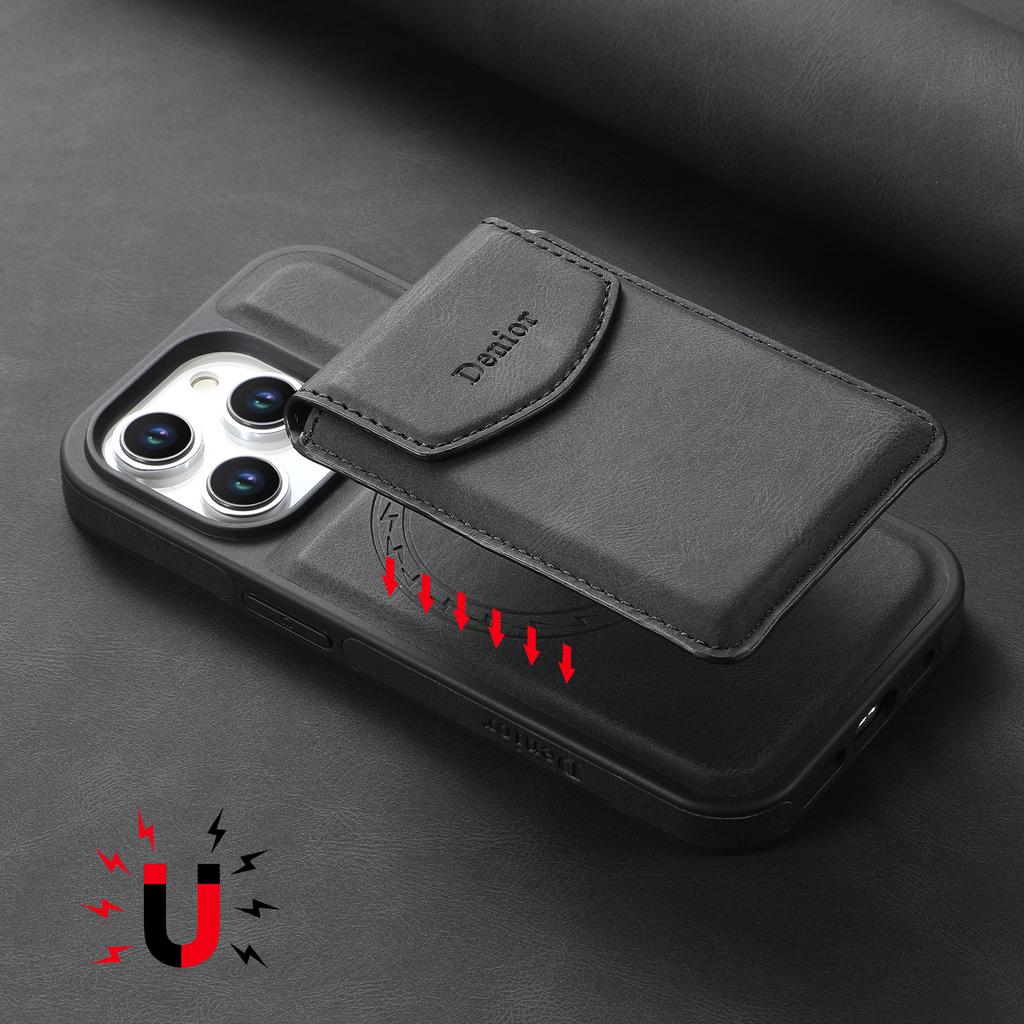 DENIOR D19 For iPhone 15 Pro Max Magnetic Case Leather+PC+TPU Cover with Detachable Card Bag