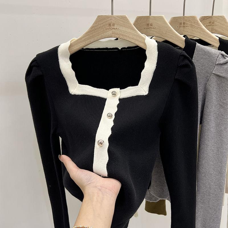 Women spring autumn vintage Long Sleeve Jumper Spliced Square Neck Soft Comfortable Slim Button Decoration Front Knit Sweater