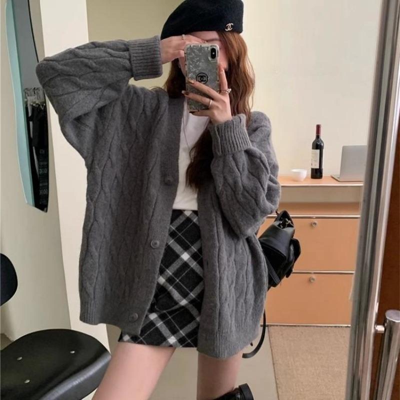 Twist Solid Color Sweater Jacket Women's Autumn and Winter New Thickened Loose V-neck Outer Wear Lazy Wind Knitted Cardigan