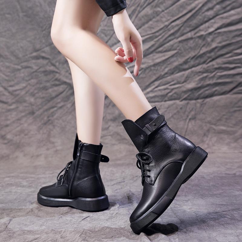 2025 Winter New Leather High-top Women's Boots Military Uniform Wind Buckle Lace-up Original Handmade Martin Boots Cowhide Single Boots