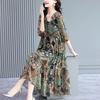 Women Midi Dress Pleated Printed Loose Hem Button Decor Patchwork Dress Up V Neck Vintage Lady Summer Dress Female Clothes