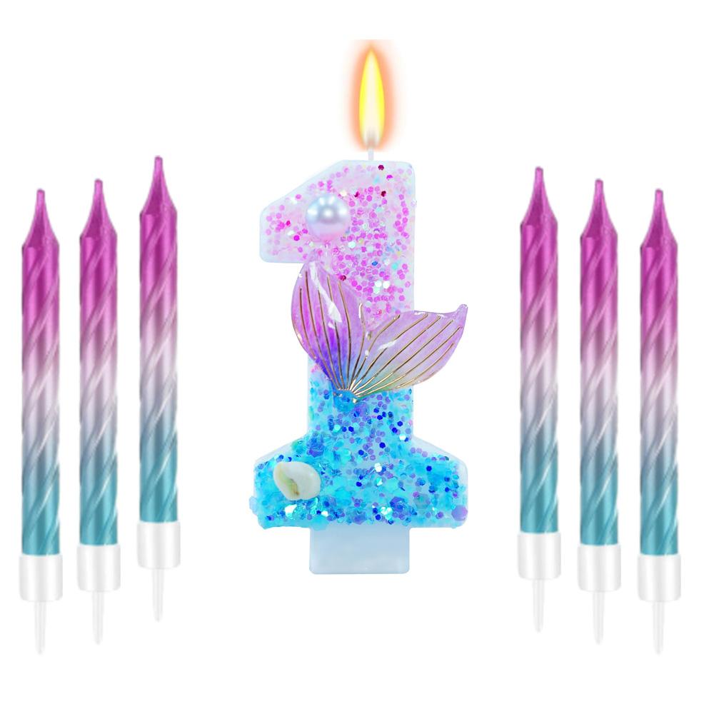 11pcs Mermaid Themed Birthday Candles,Number 0-9 Girls Glitter Birthday Party Supplies,Anniversary Party Decor, Cake Decorations